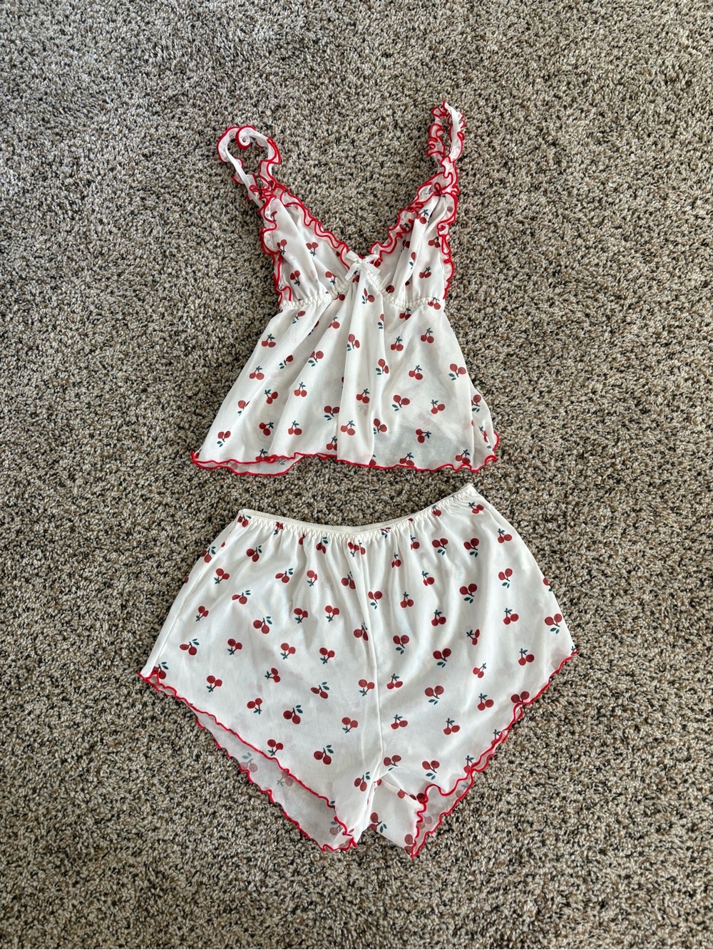 Women's White Cherry Print Ruffle Pajama Set